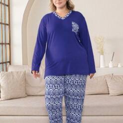 Ensemble pyjama grande taille femme - Saks, bleu, col en V, manches longues, tissu Lycra 2824UYB