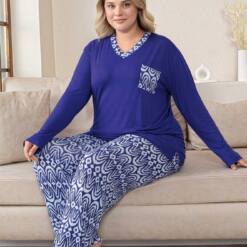 Large Size Women'S Pijama Set - Saks Blue V Collar Long Sleeves Lycra Fabric 2824Uyb 4 From Turkey t3567 td 1 2
