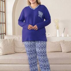 Large Size Women'S Pijama Set - Saks Blue V Collar Long Sleeves Lycra Fabric 2824Uyb 5 From Turkey t3567 td 1 3