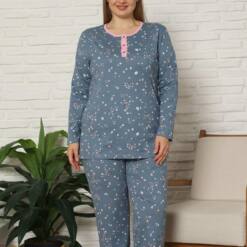 Large Size Female Pijama Set - Flower Patterned Long Sleeve Combed Cotton 2808UY Home