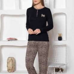 Leopard Patterned Female Pijama Set - Fionk Embroidery Lycra 2805UY