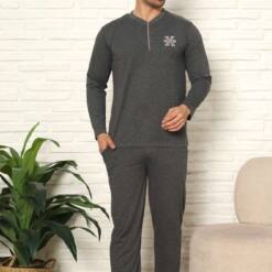 Male Pijama Set - Anthracite Embroidery Long Sleeve Combed Cotton 1102Uy 6 From Turkey t3675 td 1 3
