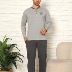 Men's Pijama Set - Grey Embroidery Long Sleeve Combed Cotton 1102UY
