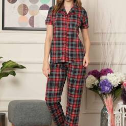 Lady Pijama Set - Ecoseli Front Button Combed Cotton Short Sleeves 2523KY