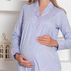Pregnant Nursing/Postpartum Pijama Set - Blue Heart Hair Tape Long Sleeves Combed Cotton 2796 5 From Turkey t3731 td 1 2