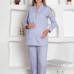 Pregnant Nursing/Postpartum Pijama Set - Blue Heart Hair Tape Long Sleeves Combed Cotton 2796 6 From Turkey t3731 td 1 3