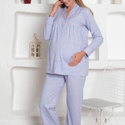 Pregnant Nursing/Postpartum Pijama Set - Blue Heart Hair Tape Long Sleeves Combed Cotton 2796 7 From Turkey t3731 td 1 4