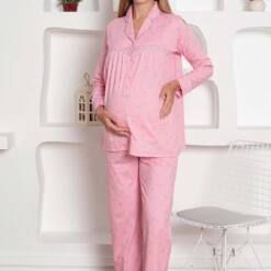 Pregnant Nursing/Postpartum Pijama Set - Long Sleeves Combed Cotton With Pink Heart Hair Tape 2796 6 From Turkey t3732 td 1 3