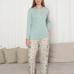 Women's Pijama Set - Green 3D Butterfly Pattern Long Sleeve Lycra Viskon 2876UY