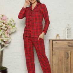 Conjunto de pijama para mujer - Rojo, con botones cuadrados frontales, manga larga, 2563UY