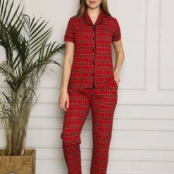 Conjunto de pijama para mujer - Rojo, botones cuadrados frontales, algodón peinado, manga corta 2563KY