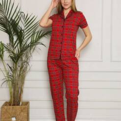 Lady Pijama Set - Red Square Front Button Combed Cotton Short Sleeves 2563Ky 5 From Turkey t3757 td 1 2