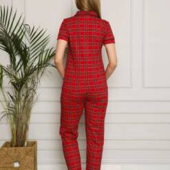 Lady Pijama Set - Red Square Front Button Combed Cotton Short Sleeves 2563Ky 7 From Turkey t3757 td 1 4